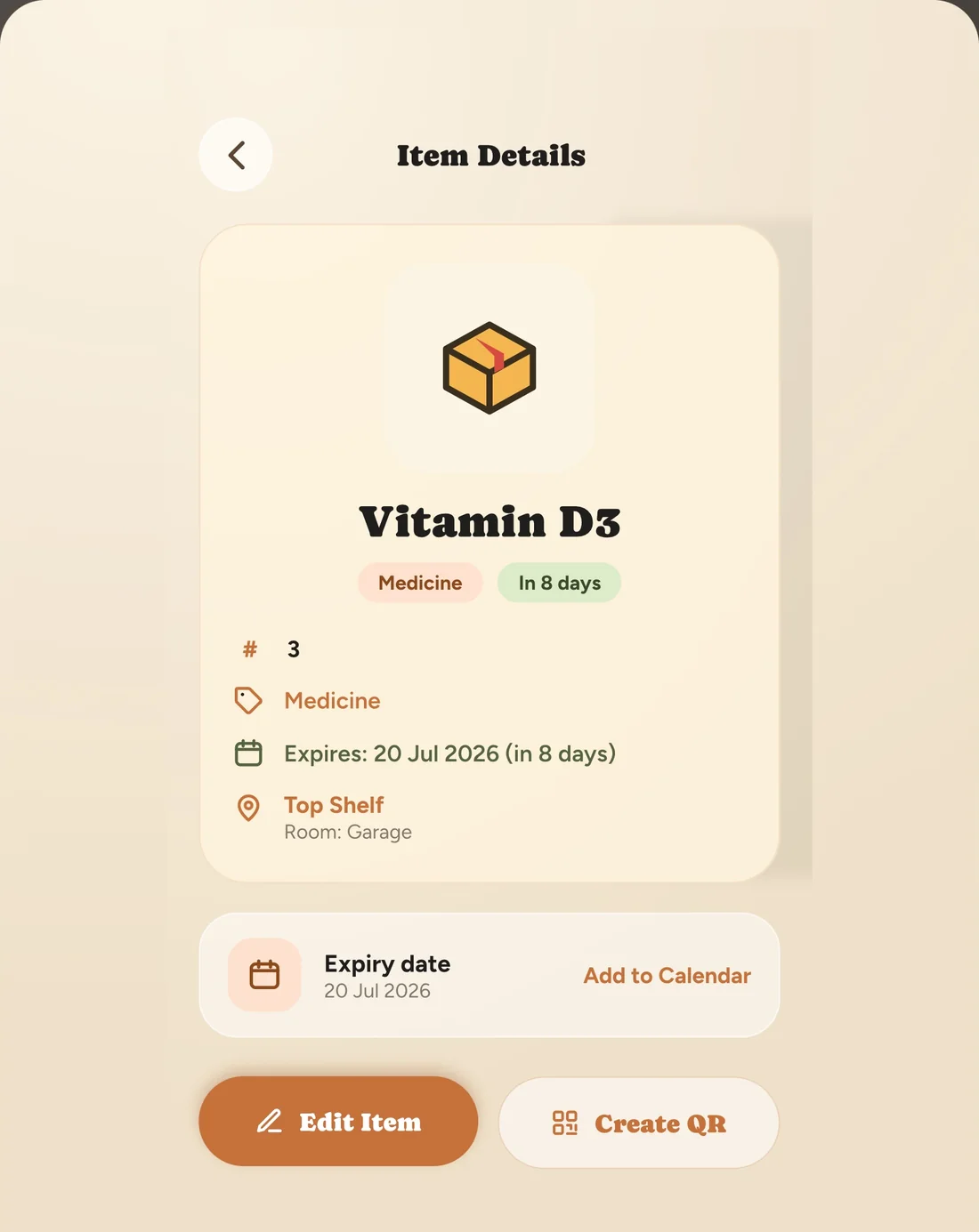 Inventory QR on iPad, showing an item's details.