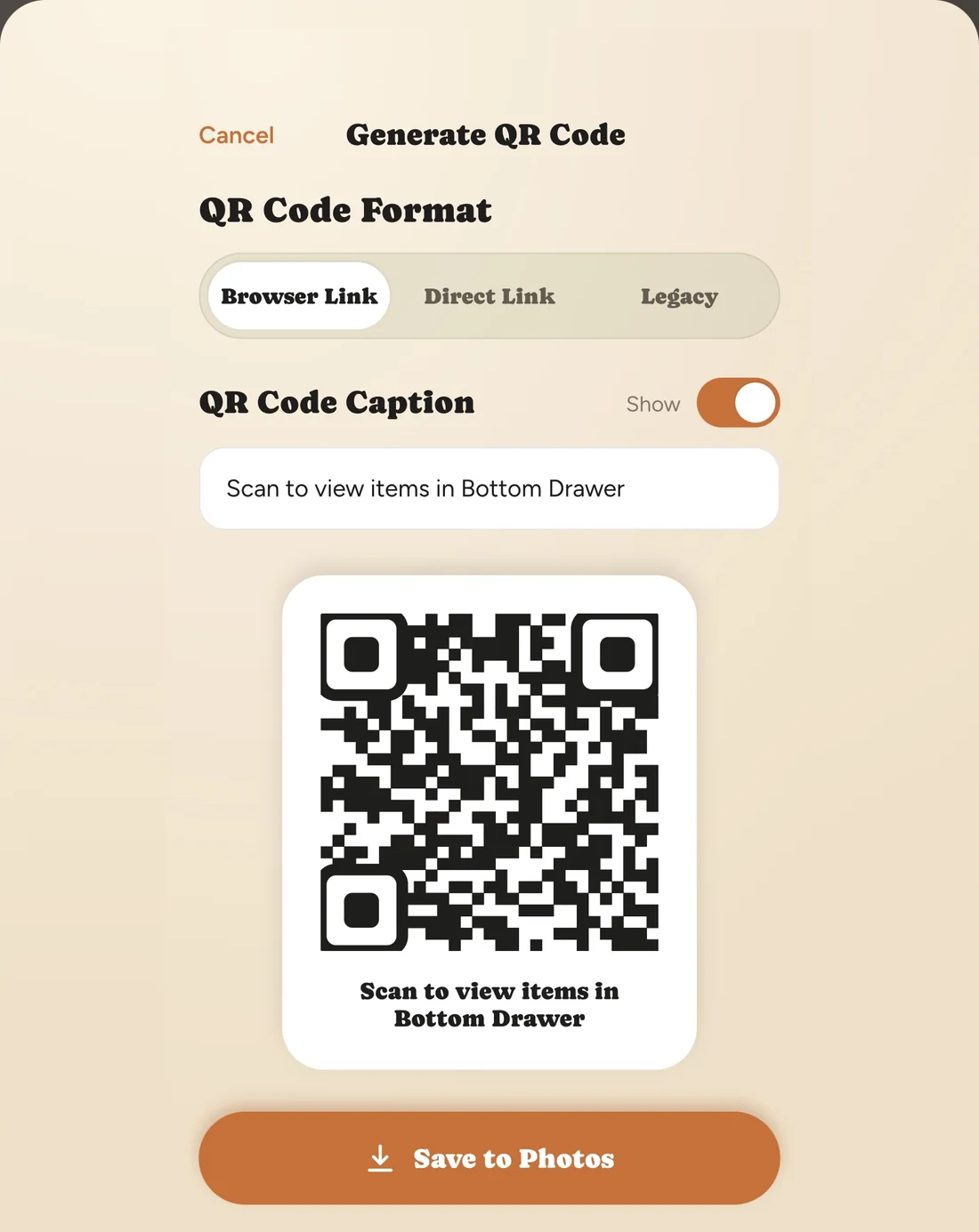 Inventory QR on iPad, generating a QR code.