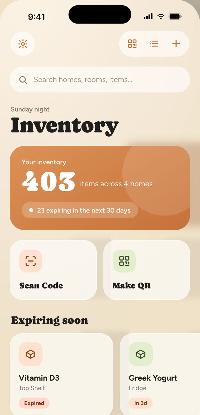 The Inventory QR home screen, showing 403 items across 4 homes and what is expiring soon.