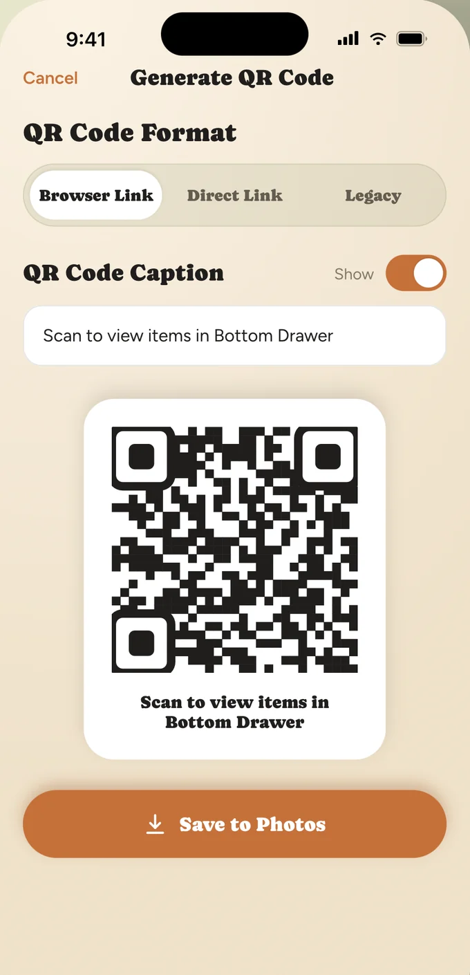 Generating a QR code for a drawer.
