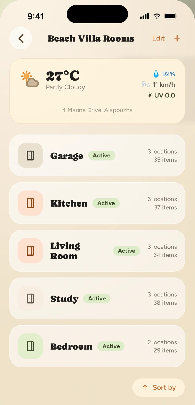 Rooms inside a home, with live weather.