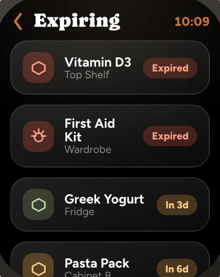 Apple Watch showing a list of items expiring soon.